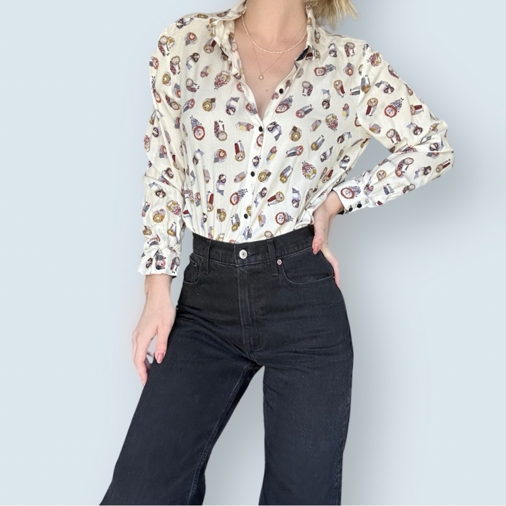 Zara Ivory Button Up Owl Patterned Shirt (Size Extra Large)